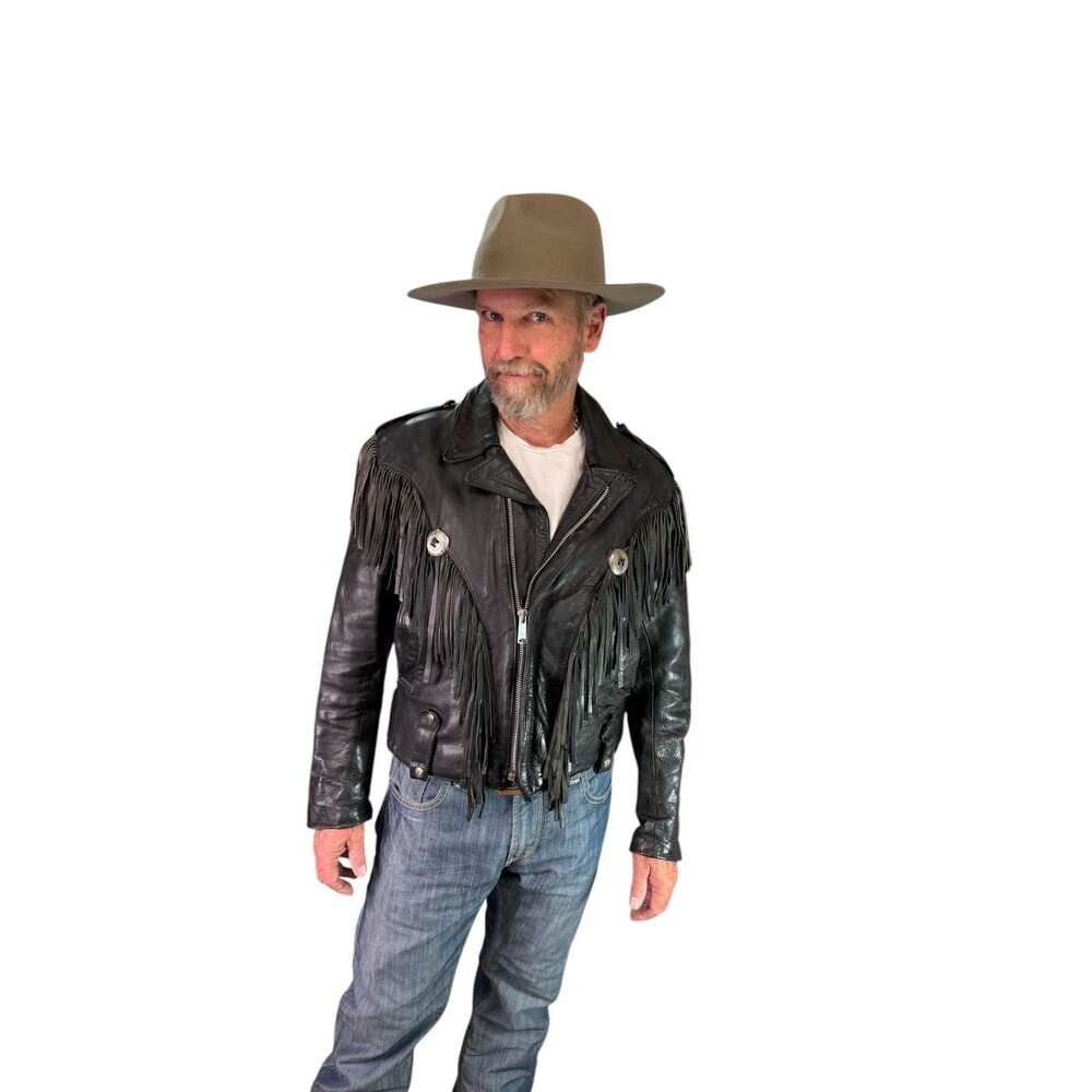 Black Leather Vintage 80's Moto Biker Jacket Fringed Southwestern Insulated Med